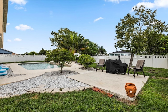 exterior space with a fenced in pool, a patio area, a fenced backyard, and area for grilling