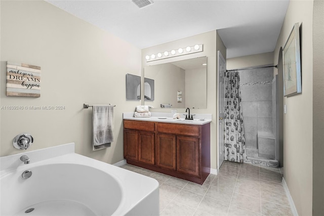 full bath featuring visible vents, tiled shower, tile patterned floors, a garden tub, and vanity