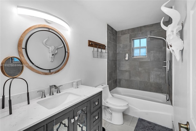 full bathroom featuring vanity, tiled shower / bath combo, toilet, and tile patterned flooring