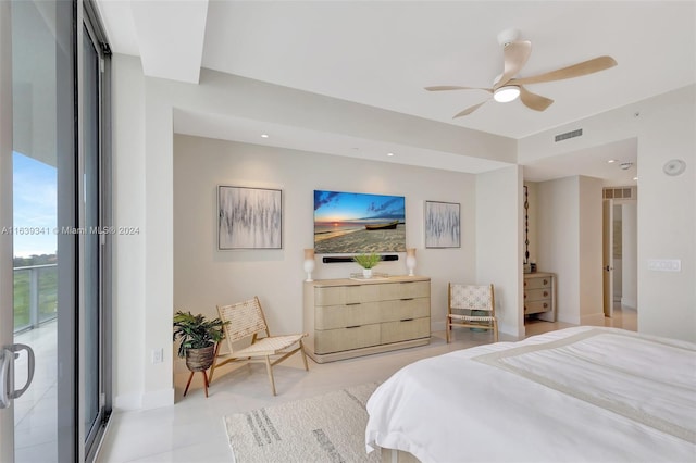 tiled bedroom with ceiling fan and access to outside