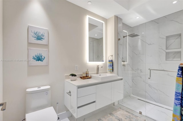 bathroom with toilet, an enclosed shower, vanity, and tile patterned flooring