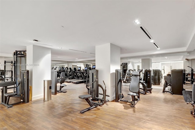 exercise room with light hardwood / wood-style flooring