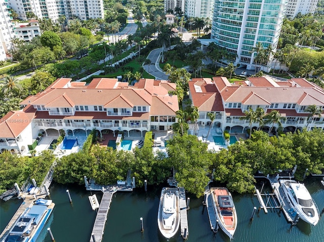 drone / aerial view with a water view