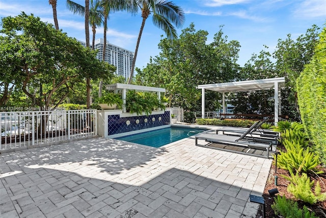 view of swimming pool with a pergola and a patio