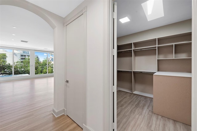 spacious closet with a skylight and light wood-type flooring