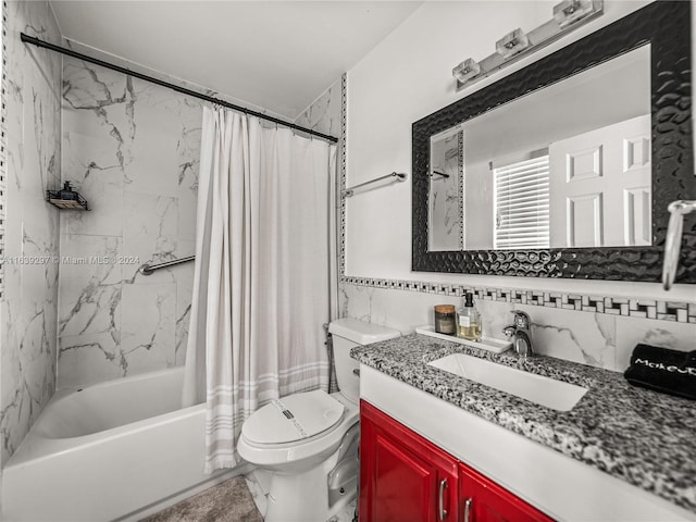 full bathroom with toilet, backsplash, shower / bathtub combination with curtain, tile walls, and vanity