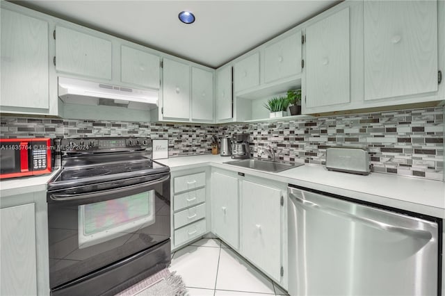 kitchen with black range with electric cooktop, sink, stainless steel dishwasher, decorative backsplash, and light tile patterned floors