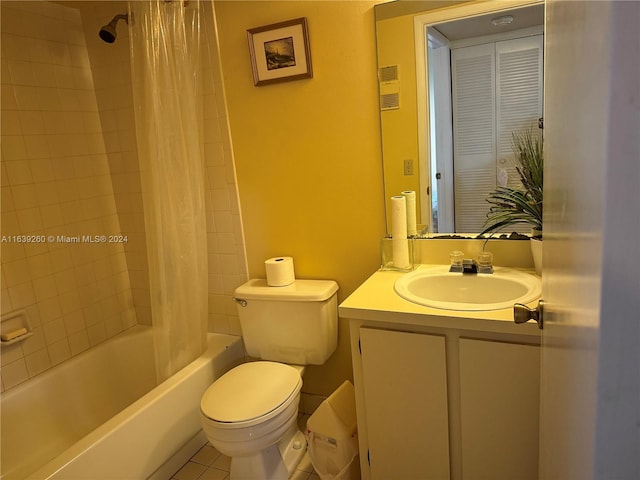 full bathroom featuring shower / bath combo, toilet, vanity, and tile patterned flooring