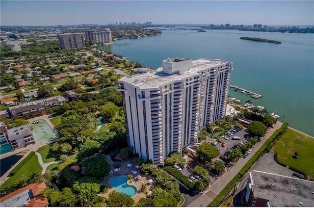 birds eye view of property featuring a water view