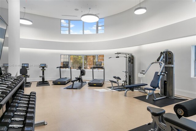 exercise room featuring a towering ceiling