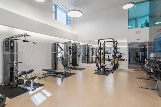 workout area with a high ceiling