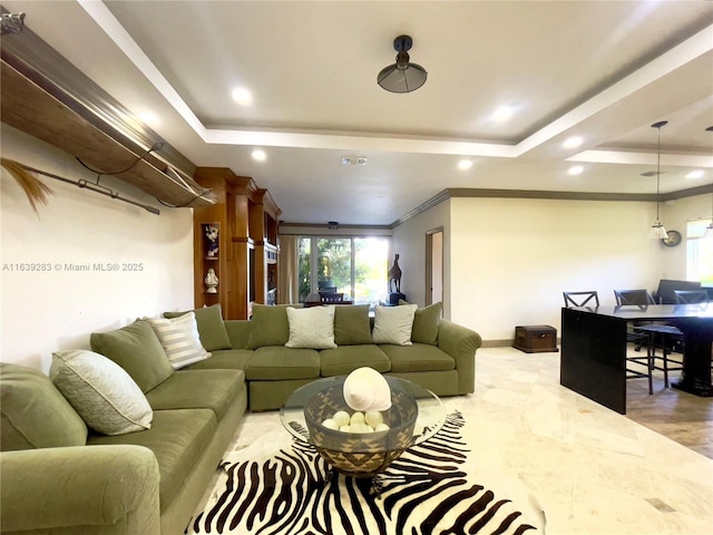 living room with baseboards, a raised ceiling, crown molding, and recessed lighting