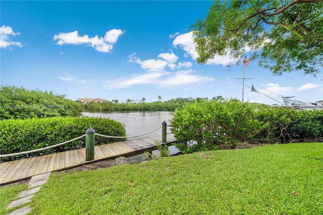 exterior space featuring a water view and a lawn