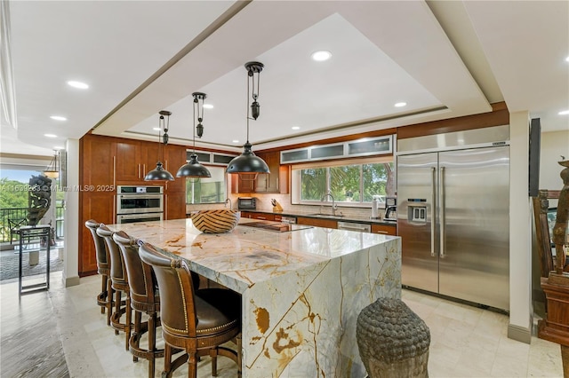 kitchen with light stone counters, a tray ceiling, stainless steel appliances, a spacious island, and a sink