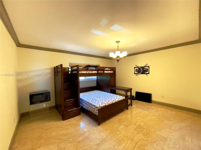 bedroom with a chandelier, ornamental molding, baseboards, and heating unit