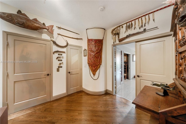 entryway with baseboards and wood finished floors