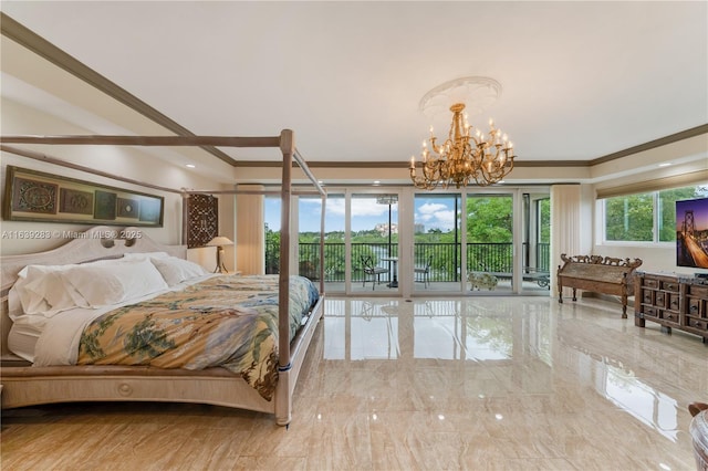 bedroom featuring access to exterior, a chandelier, ornamental molding, and marble finish floor