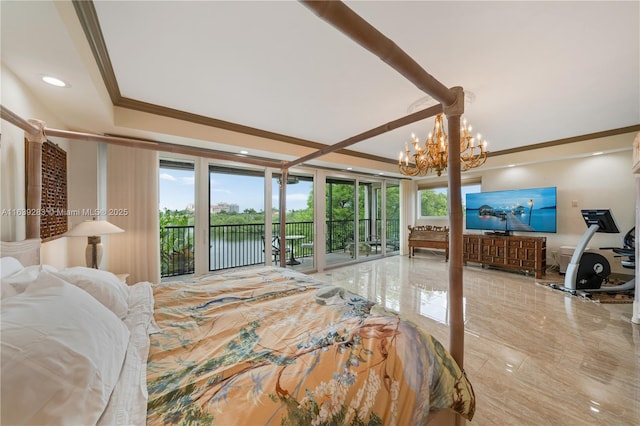 bedroom featuring access to exterior, marble finish floor, crown molding, recessed lighting, and an inviting chandelier