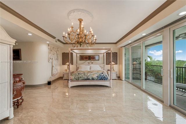 bedroom featuring access to exterior, marble finish floor, a raised ceiling, ornamental molding, and baseboards