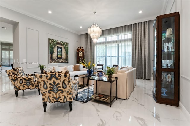 interior space with crown molding and an inviting chandelier