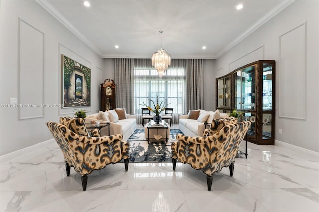 living room featuring a chandelier and ornamental molding