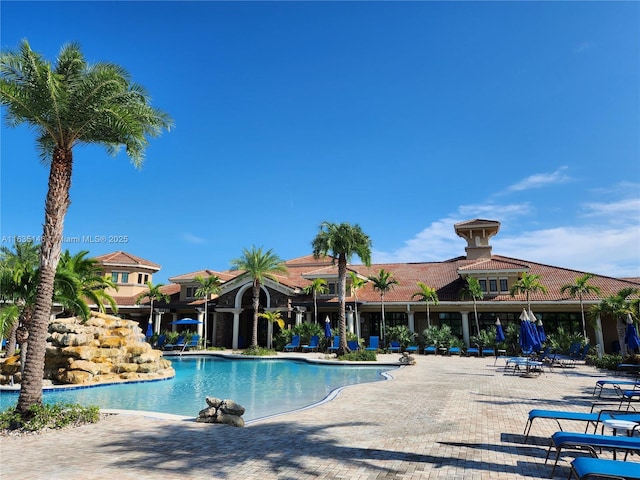 view of swimming pool with a patio area