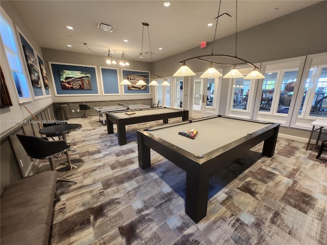 recreation room with carpet flooring and billiards