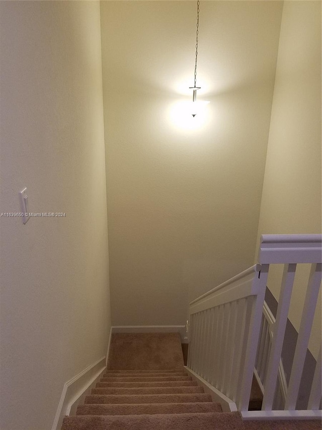 staircase featuring carpet flooring