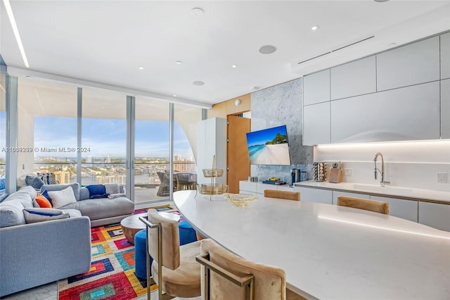 living room with expansive windows and sink