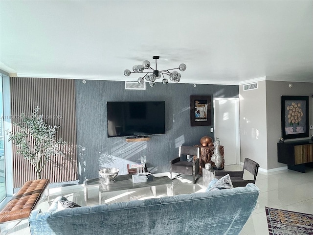 tiled living room featuring a notable chandelier and ornamental molding