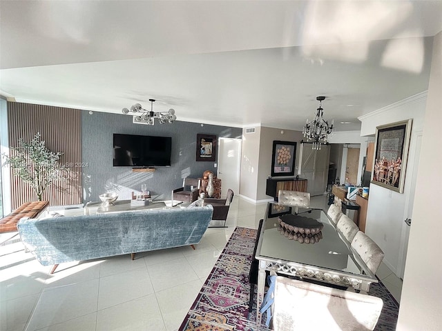 living room featuring light tile patterned floors and a chandelier