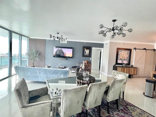 dining area with plenty of natural light, a barn door, light tile patterned floors, and ornamental molding