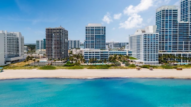 view of pool featuring a city view, a view of the beach, and a water view