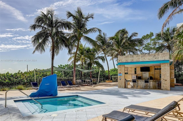 view of swimming pool with a patio and an outdoor bar