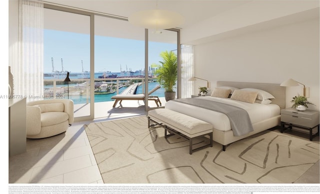 bedroom featuring access to exterior, expansive windows, a water view, and light tile patterned flooring