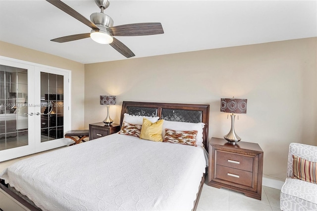 bedroom featuring ceiling fan and light tile patterned floors