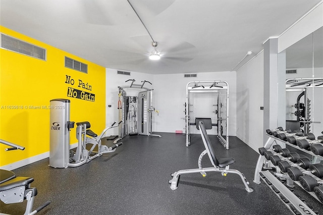 exercise room featuring ceiling fan