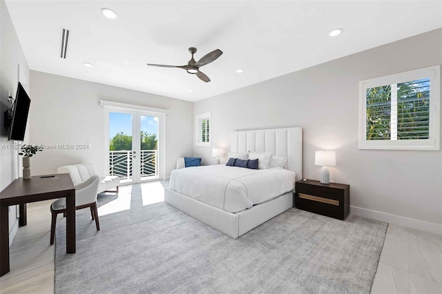 bedroom with ceiling fan, french doors, and access to outside