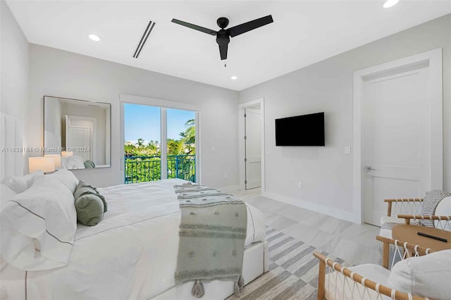 bedroom featuring ceiling fan and access to outside