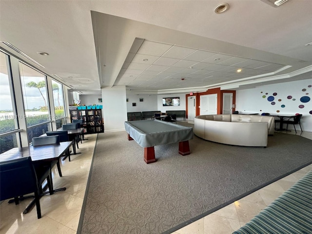 game room featuring light carpet, ornamental molding, and pool table