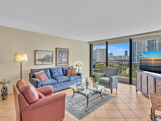 tiled living room with floor to ceiling windows