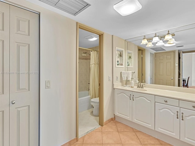 full bathroom with tile patterned flooring, vanity, toilet, and shower / bathtub combination with curtain