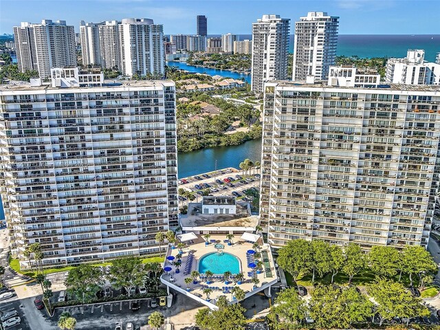 bird's eye view with a water view