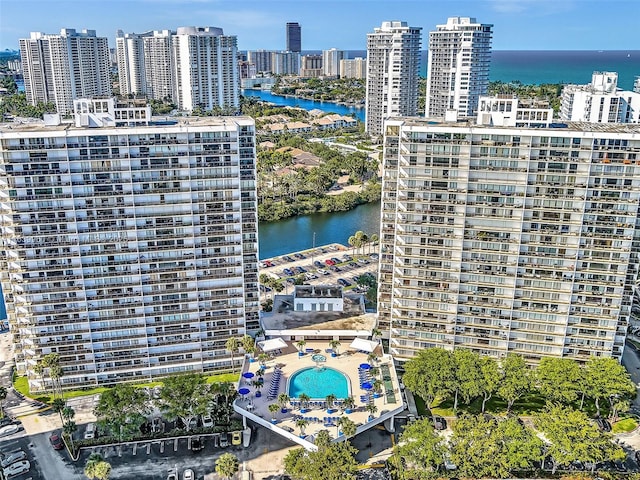 aerial view with a view of city and a water view