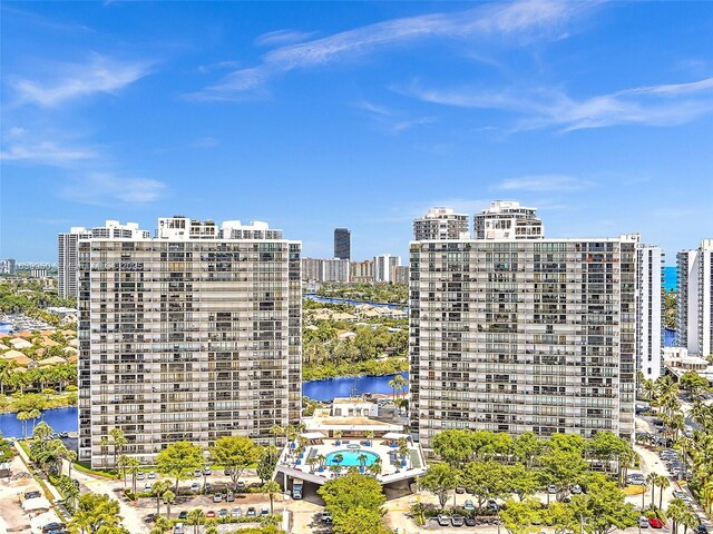 view of building exterior with a water view