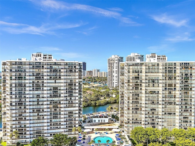 view of building exterior with a water view