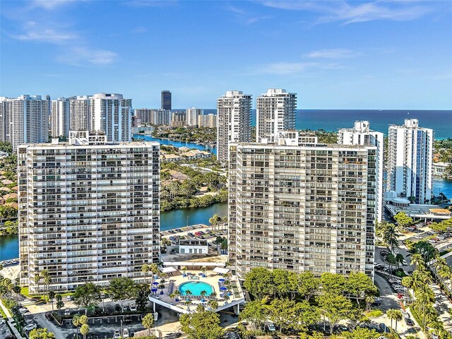 aerial view featuring a water view