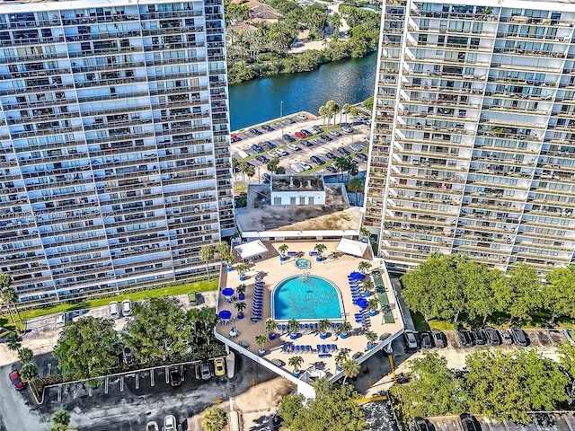 bird's eye view with a city view and a water view