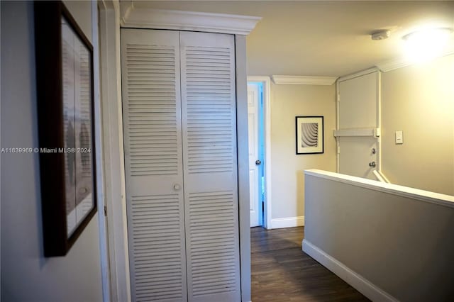 corridor featuring dark hardwood / wood-style flooring and ornamental molding