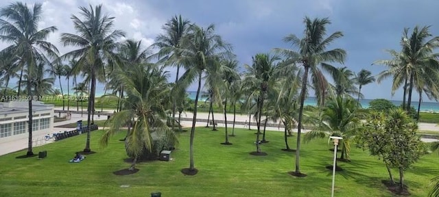 view of property's community with a lawn and a water view